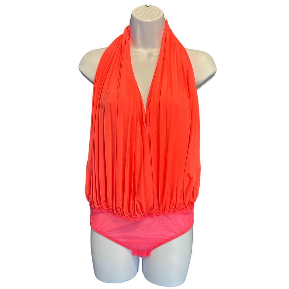 Neon Orange Two-Tone Plunge Halter Bodysuit